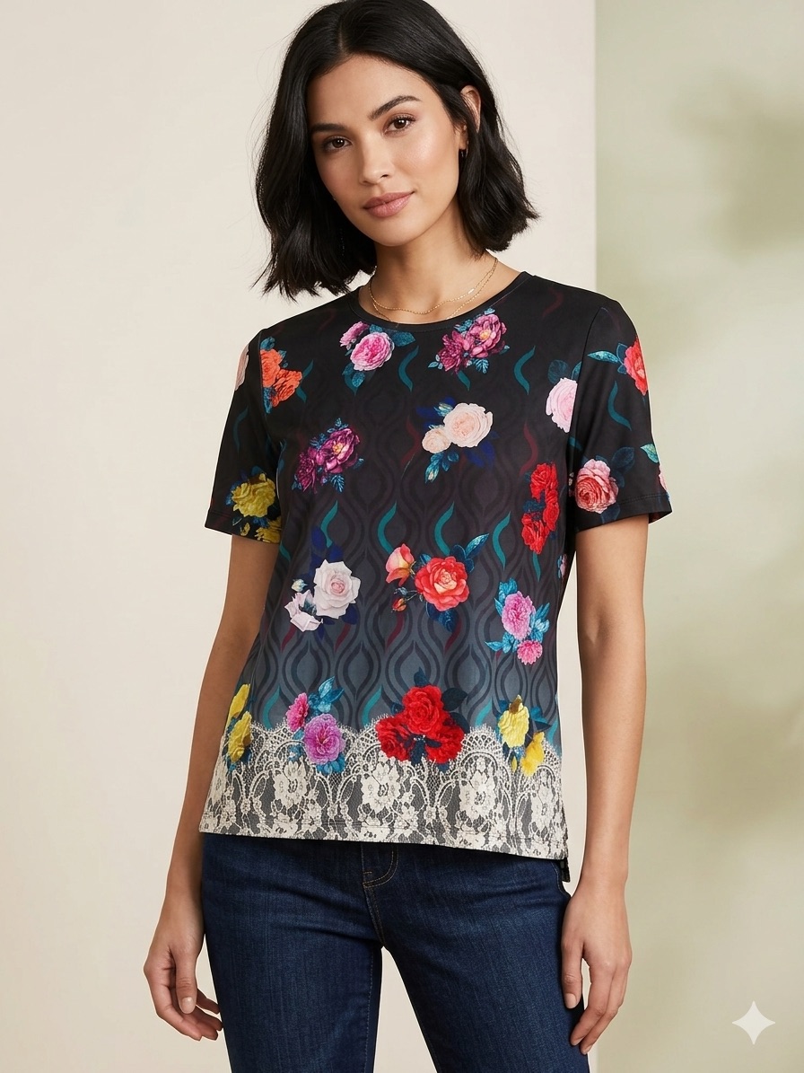Johnny Was Black Floral Short-Sleeve Tee With Multicolor Blooms